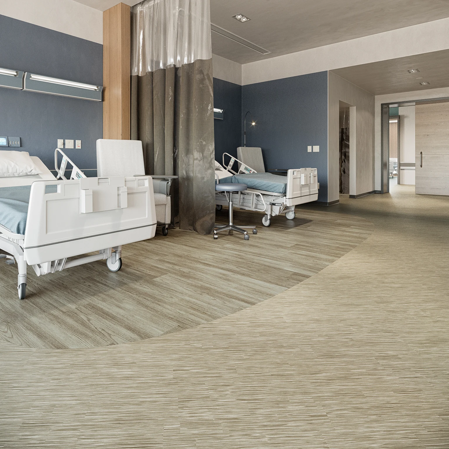Hospital room with wood-look and textured flooring